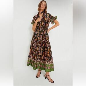 Floral Button-Front Maxi Dress in Black and Green